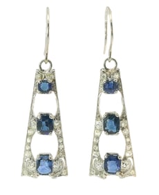 Natural No Heat GIA Sapphire Fine Diamond 4.10ctw Platinum 14K White Gold Art Deco Earrings