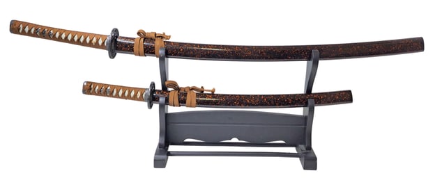Modern Japanese Samurai Katana Wakizashi Sword Set on Stand