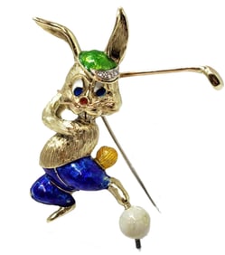 Whimsical 14k Gold Enamel Bunny Rabbit Diamond Hat Golfer Brooch Pin Mid Century 30.4g