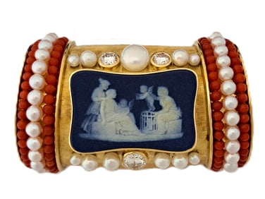 George Schuler Wedgewood Cameo Pearl Coral Diamond 18K Gold Scarf Slide Clip Necklace Enhancer 57G