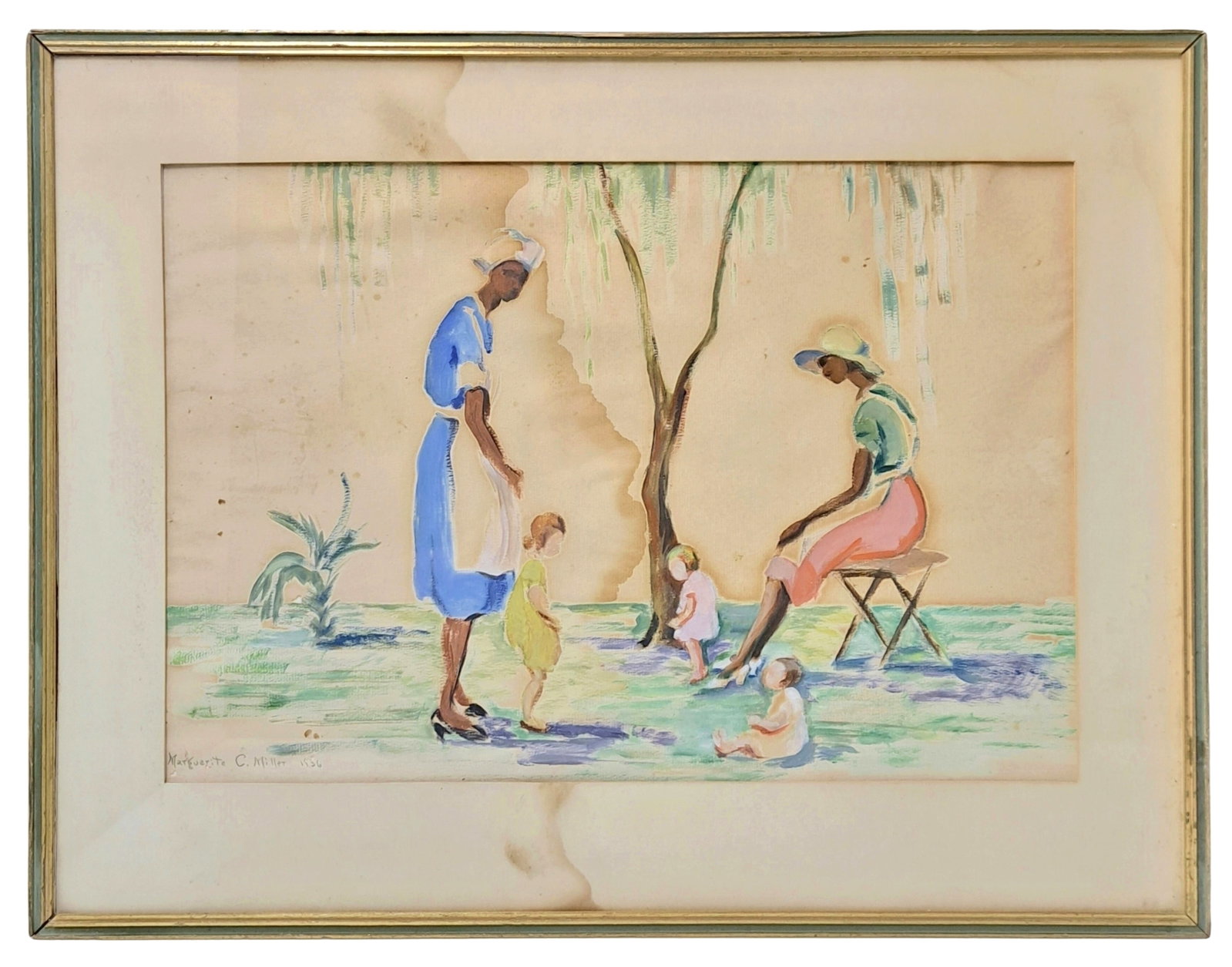African American Social Realism Watercolor Gouache Marguerite C Miller Painting Depression WPA Era: Described By:Dillon CNX 0307 0822 Title:Marguerite C. Miller African American Social Realism Watercolor Gouache Titled Youth Under The Willow Framed Painting Southern Charleston South Carolina Artist 