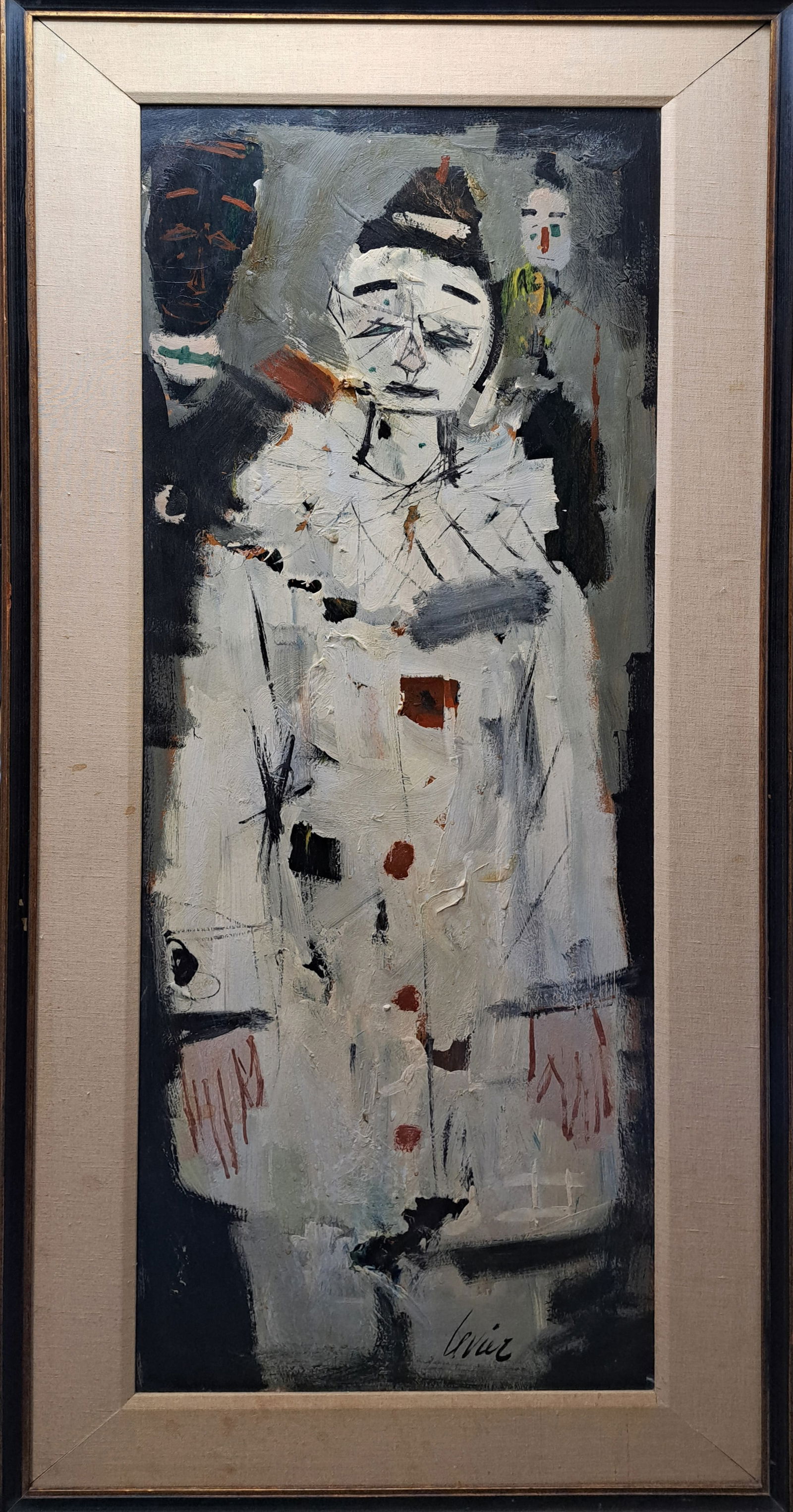 Charles Levier Oil on Board Three Clowns Large 51x22 Mid Century Modern Original Painting: Described By: AF HFA DT66945 NTD Title: Charles Levier Oil on Board Three Clowns Large 51x22 Mid Century Modern Original Painting Description:Charles Levier Oil on Board Three Clowns Large 51x22 Mid C