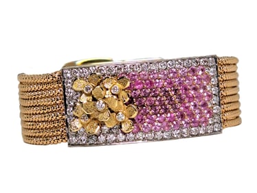Vancox Natural Pink Sapphire Fine Diamond 18k Gold Ladies Flower Flex Bracelet