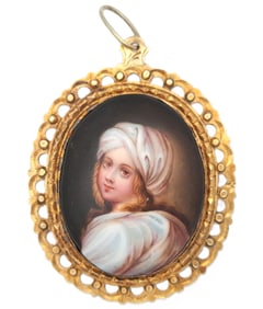 Painting of Bernice Cenci Hand Painted Italian Girl Large 14k Gold Pendant