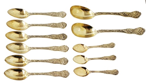 Incredible Gilt Sterling Silver Spoons Antique 1902 Stag Hunt Pattern London Goldsmiths & Silversmit
