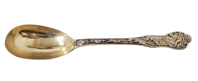 Incredible Gilt Sterling Silver Serving Spoon Antique 1902 Stag Hunt Pattern London