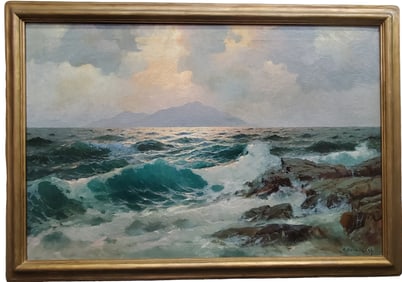 Large Alexander Dzigurski Coastal Sunset Seascape Oil Painting