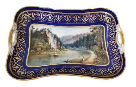 Karlsbad Signed Hermann Voigt of Hans Heiling Elbogen Large Scenic Porcelain Serving Tray German Lan