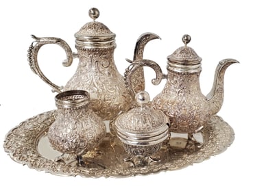 Historic 800 Fine Silver Repousse 73ozt Indonesian Drilling Award Tea Set Jakarta 1992