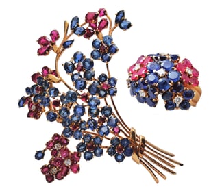 Van Cleef Arpels Clip & Ring Set GIA Burma No Heat Sapphire Diamond Ruby Hawaiian Collection 18k
