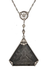 Unusual Art Deco Platinum Intaglio Cut Ganga Makara Hindu Fine Diamond Pendant Filigree Necklace