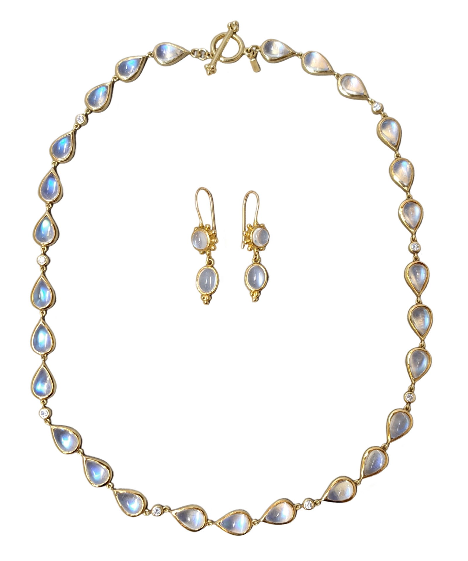 Temple St. Clair Exquisite Moonstone Fine Diamond 18K Gold Necklace Earring Suite: Described & Photographed By: Dillon 67392 NEODD Title: Temple St. Clair Exquisite Moonstone Fine Diamond 18K Gold Necklace Earring Suite Description:Temple St. Clair Exquisite Moonstone Fine Diamond