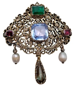 Antique Victorian Gold Natural 6ct Sapphire Ruby Emerald Chrysoberyl Pearl Diamond Brooch