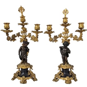 Pair Antique French Bi-Color Bronze Dore Gilt 3 Light Candelabra Ormolu Continental Grand Tour