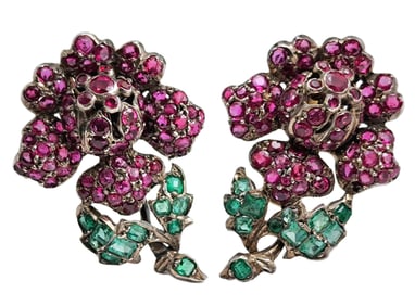 18k Gold Victorian Earrings Fine Ruby Ultra Fine Emerald w Silver Tops Omega Back Earrings