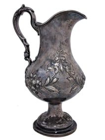1850s Tiffany & Co G&W Large Coin Silver Floral Repousse Water Pitcher 22.33ozt