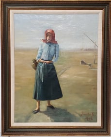 Antique 1903 Female Figure Hungarian Signed Oil Painting on Canvas