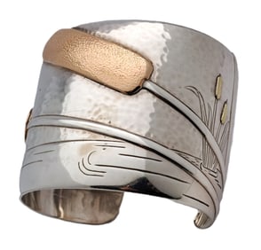 Huge Tiffany Co 2001 Cattail Nature 18k Gold Sterling Silver Cuff Bracelet