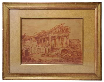 Hubert Robert Sepia Drawing Roman Ruins Sheet Size 12.75 x 9.125 inches Estate Find