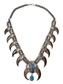 Vintage Southwestern Solid Silver Turquoise Coral Squash Blossom Necklace 23in