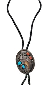 Native American Signed 925 Sterling Silver Turquoise Coral Vintage Bolo Tie