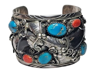 Vintage Signed 925 Sterling Silver Turquoise Coral Native American Bangle Cuff Bracelet