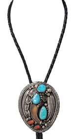 Signed JS Navajo Handmade Solid Silver Turquoise Coral Native American Bolo Tie