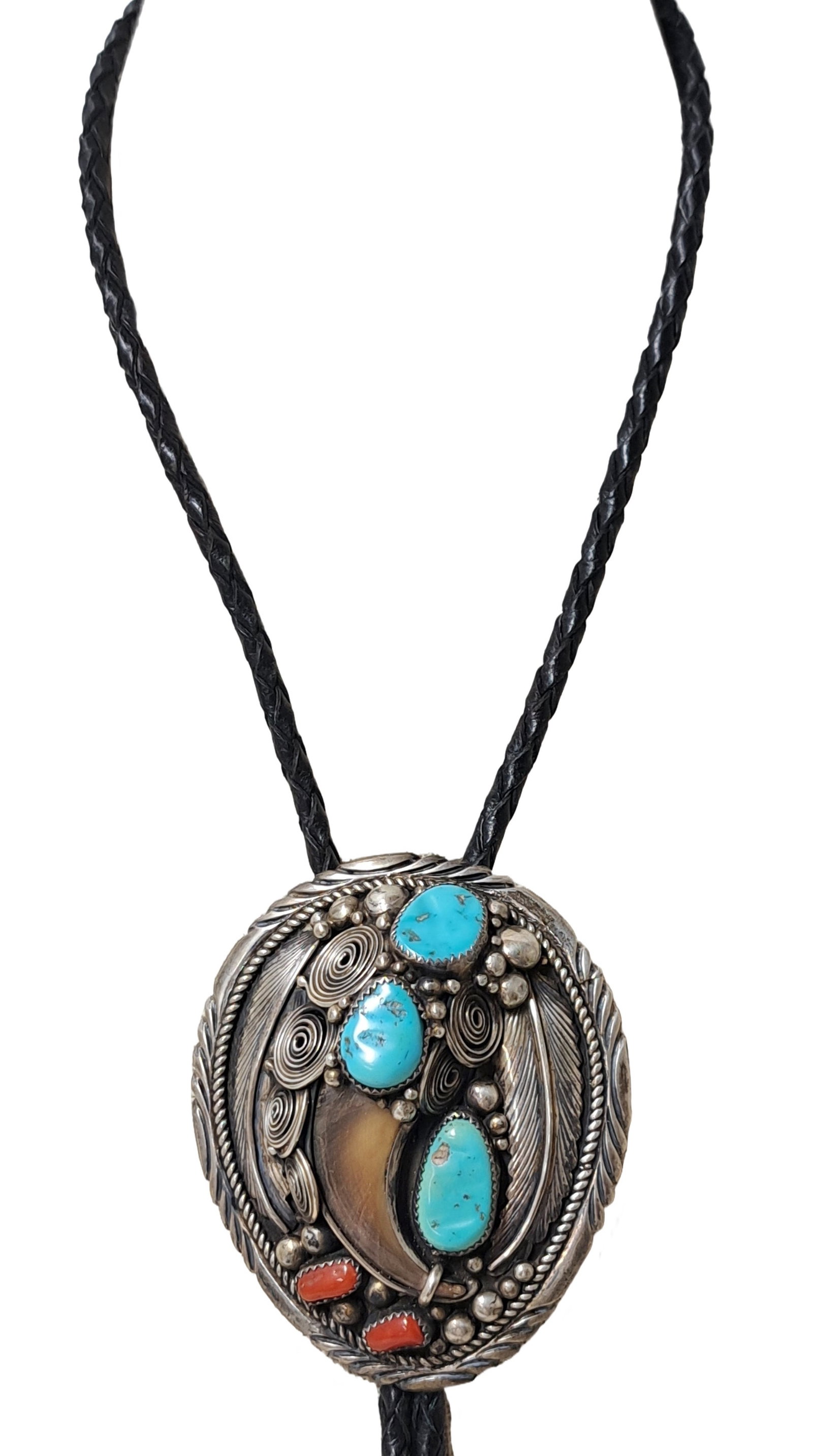 Signed JS Navajo Handmade Solid Silver Turquoise Coral Native American Bolo Tie: Described & Photographed By: Dillon 2025X NMR Title: Signed JS Navajo Handmade Solid Silver Turquoise Coral Native American Bolo Tie Description:Signed JS Navajo Handmade Solid Silver Turquoise Coral
