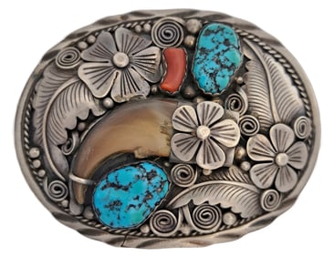 Julia Etsitty Signed Navajo 925 Sterling Silver Natural Turquoise Coral Vintage Native American Belt