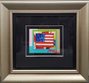Peter Max Hand Signed Americana Suite Flag Heart Mixed Media Painting Park West COA