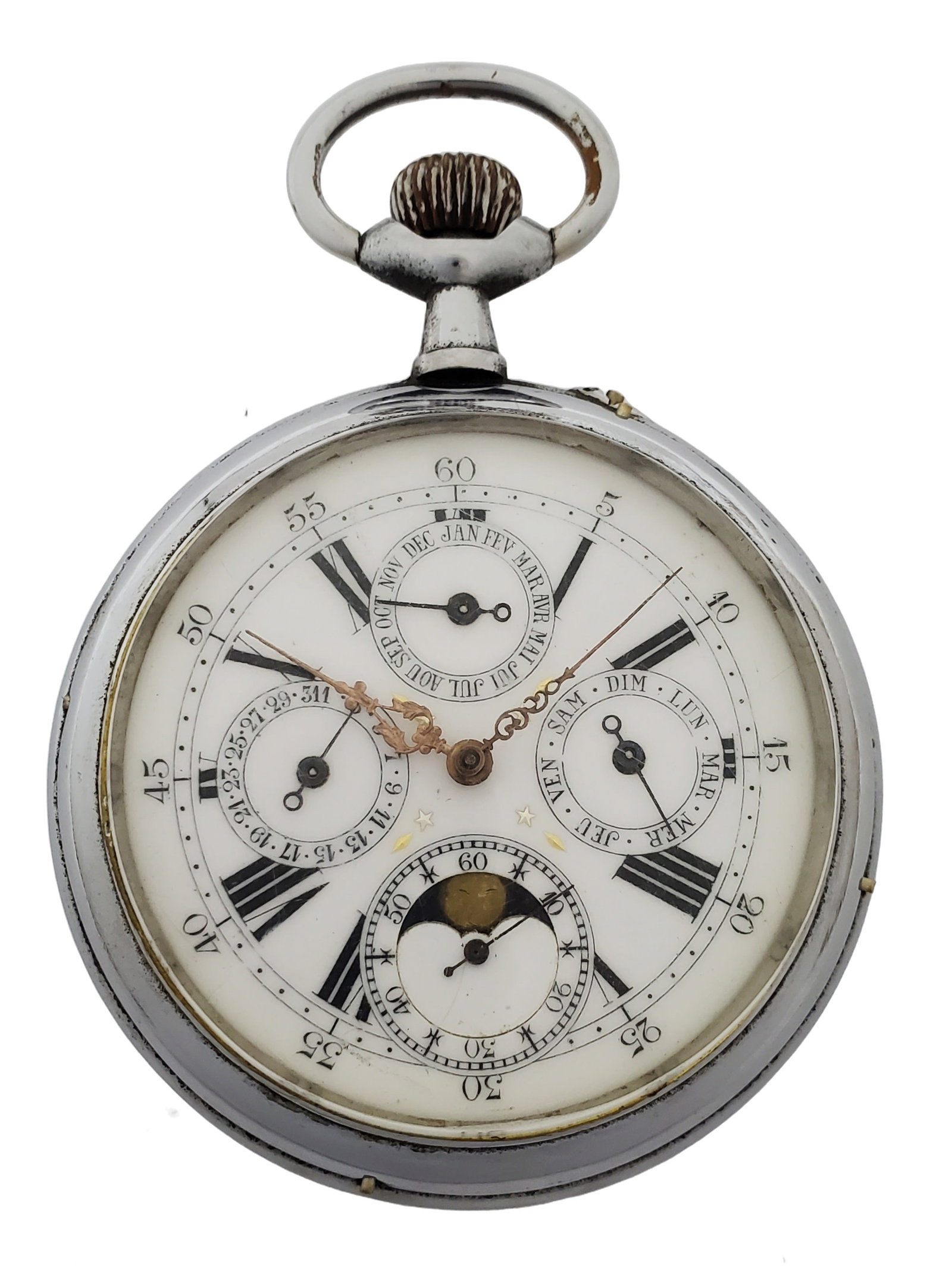 Large 67mm Day Date Month Moonphase Calendar Antique Pocket Watch: Described By:Michelle CNX 0327 0875 Title:Large 67mm Day Date Month Moonphase Calendar Antique Pocket Watch Description: Large 67mm Day Date Month Moonphase Calendar Antique Pocket Watch Case Size: