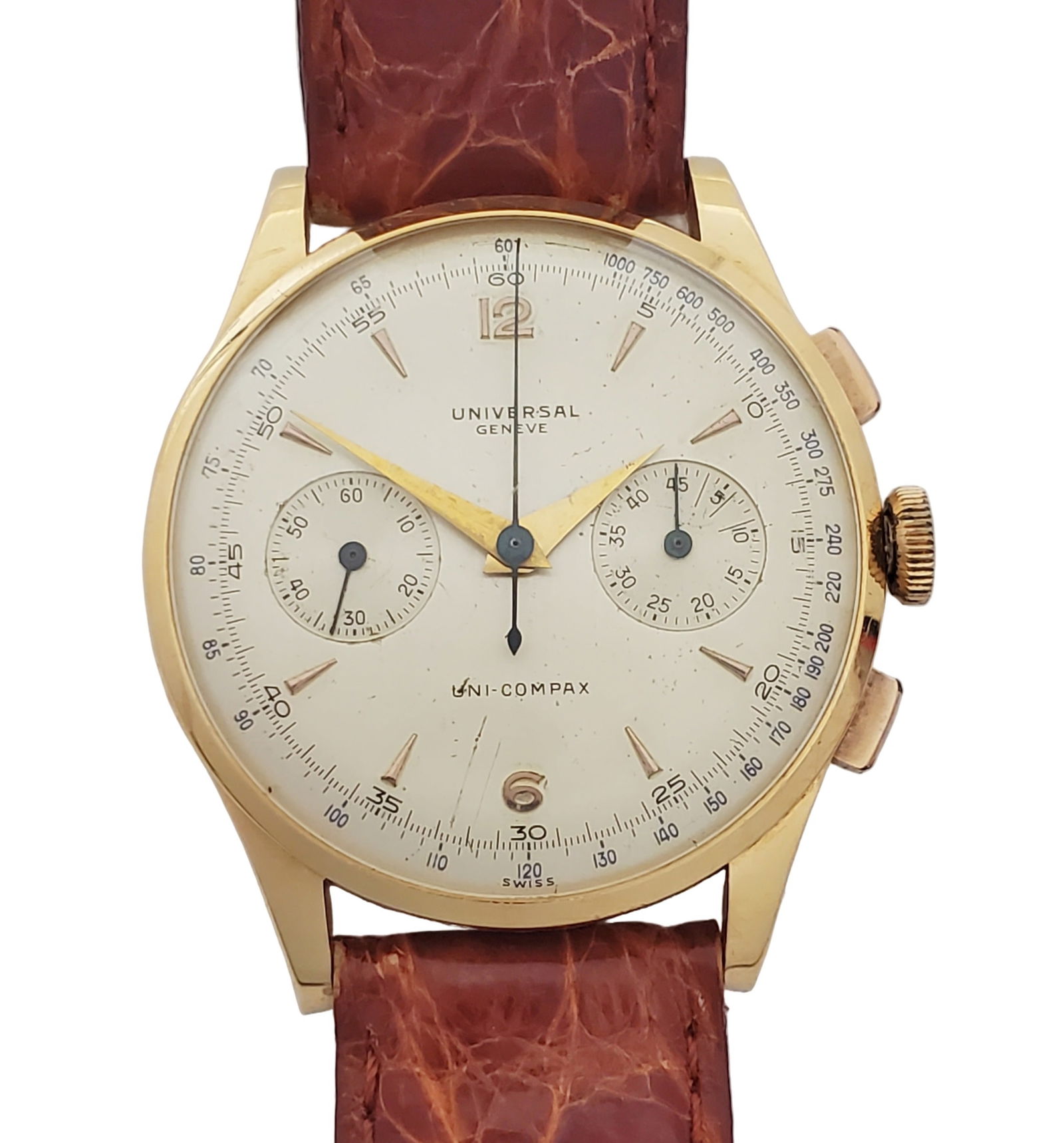 Universal Geneve Uni Compax 18k Gold Chronograph 285 Mens Vintage Wrist Watch: Described By:Michelle CNX 0327 0874 Title:Universal Geneve Uni Compax 18k Gold Chronograph 285 Mens Vintage Wrist Watch Description: Universal Geneve Uni Compax 18k Gold Chronograph 285 Mens Vintage W