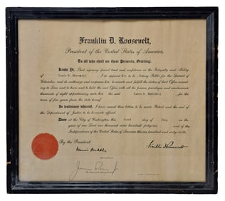 President Franklin D. Roosevelt Signed Civil Appointment Notary Public District of Columbia 1942