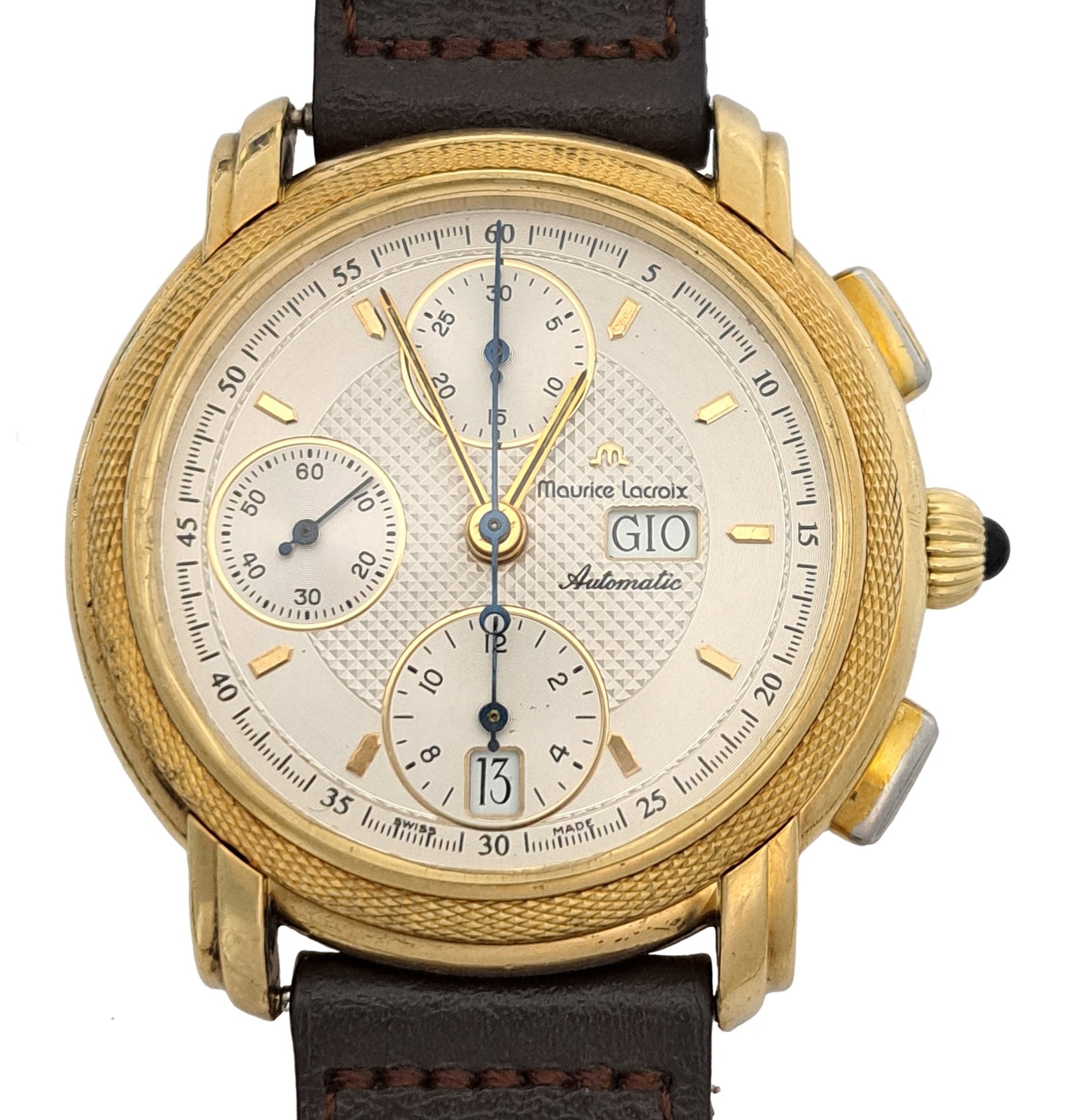 Maurice Lacroix 18K Gold Chronograph 39657 Italian Day Date Mens Automatic Wrist Watch: Described By:Dillon CNX 0327 0863 Title:Maurice Lacroix 18K Gold Chronograph 39657 Italian Day Date Mens Automatic Wrist Watch Description: Maurice Lacroix 18K Gold Chronograph 39657 Italian Day Date 