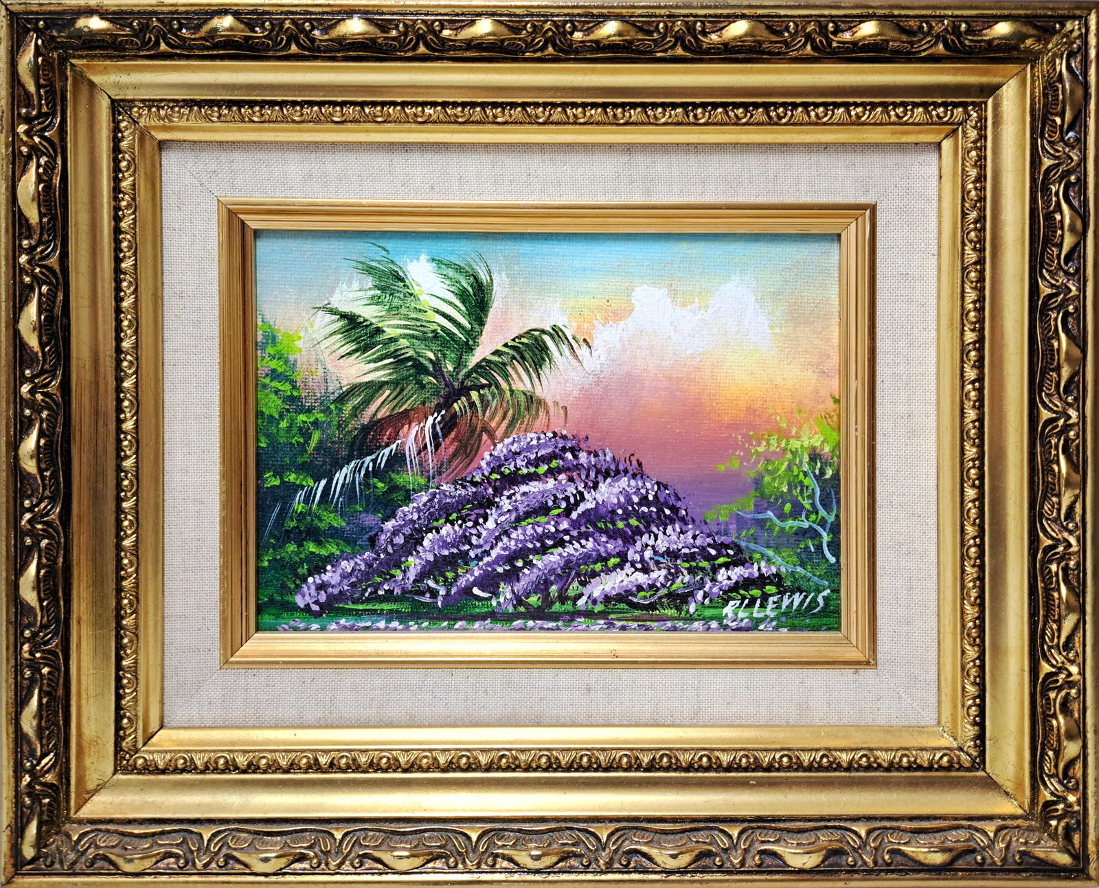 RL Robert Lewis Florida Highwaymen African American FL Jacaranda Painting Oil on Canvas Panel: Described By: AF HFA DT6770 NRDD Title: RL Robert Lewis Florida Highwaymen African American FL Jacaranda Painting Oil on Canvas Panel Description:RL Robert Lewis Florida Highwaymen African American FL