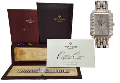 Long Patek Philipe Factory Diamond 18K White Gold Ladies 4825 Wrist Watch W/ Box And Papers