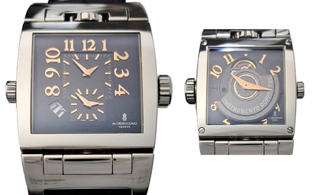 De Grisogono Instrumento Doppio Tre Mens Three Time Zone SS Date Black Dial Automatic Wrist Watch
