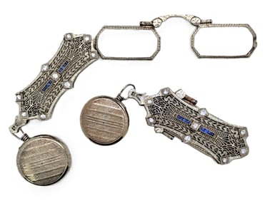 Unusual Large Genuine Diamond Natural Sapphire 14k Gold Art Deco Filigree Magnifying Glass Lorgnette