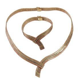 2pc Tri Color 14k White Rose Yellow Gold Woven Link Chevron Design Necklace & Bracelet Set 50gr