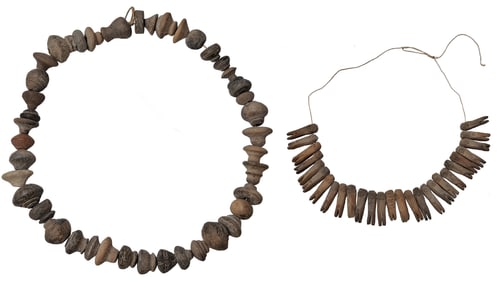 Lot of 2 Pre-Columbian Terracotta Clay Pottery Carved Disk Bead Figural Stringed Necklaces