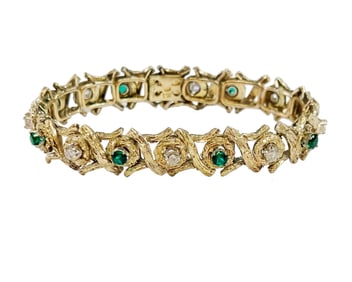 Midcentury Natural Diamond Created Emerald Heavy 14k Gold Brutalist Freeform X & O Bracelet 32 gram