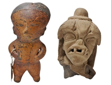 Lot of 2 Pre-Columbian Terracotta Clay Pottery Figural Statues Head Mesoamerican