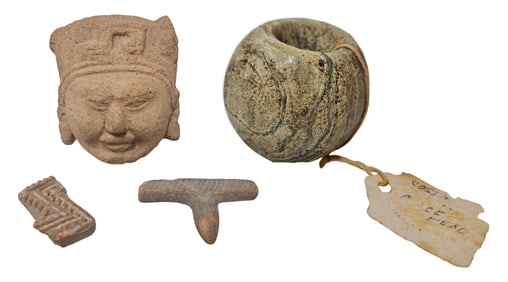 Lot of Pre-Columbian Terracotta Clay Pottery Pieces Figural Statue Head Stone Mace Head Mesoamerican