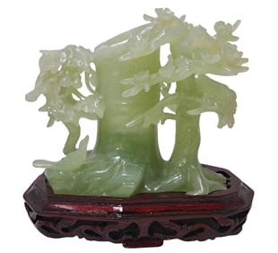Old Chinese Green Jade Carved Tree Vase Carving w/ Export Stand