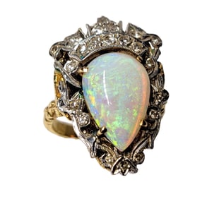 Huge Midcentury 18K Gold Diamond Untreated Natural Opal Crown Princess Fancy Ring