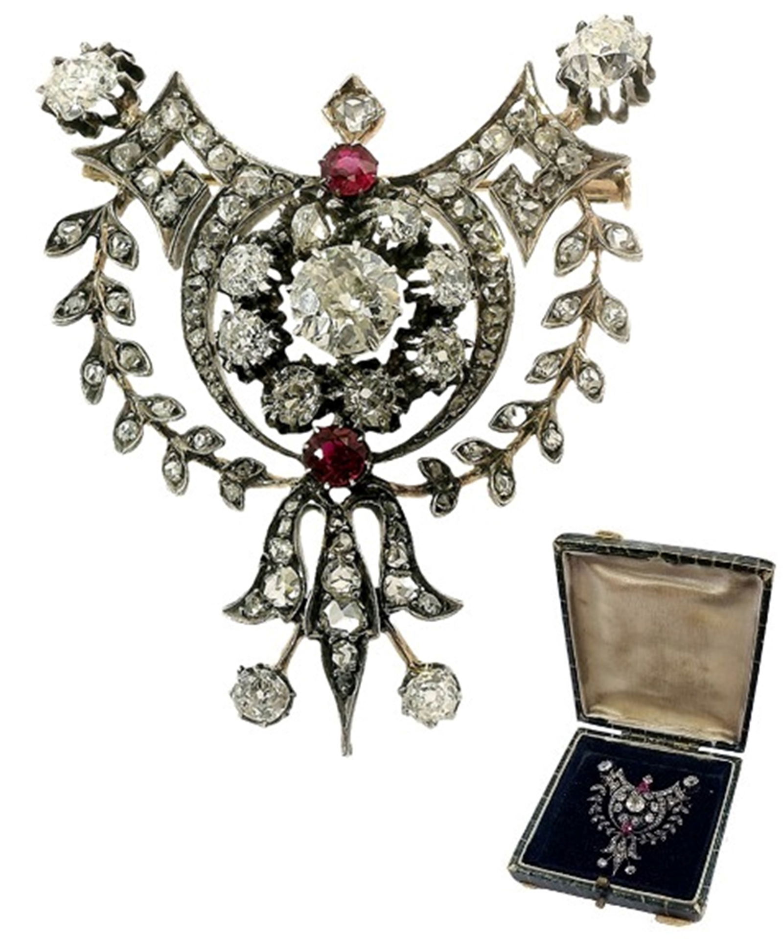 Victorian 3ctw Old Euro Mine Rose Cut Diamonds Lab Ruby Silver Top w/ Gold Back Ornate Brooch: Title: Victorian 3ctw Old Euro Mine Rose Cut Diamonds Lab Ruby Silver Top w/ Gold Back Ornate Brooch Description: A truly beautifully designed antique brooch that was handcrafted in silver & solid ye