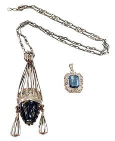 2pc Lot Vintage Sterling Silver Jewelry Taxco Carved Obsidian Necklace Midcentury Blue Stone Pendant