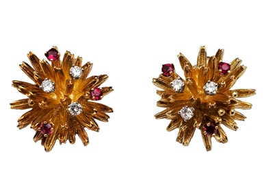 Brutalist Tiffany & Co Fine Diamond Natural Ruby 18K Gold Clip Earrings