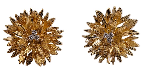 Tiffany & Co Floral 18K Yellow Gold Fine Diamond Clip On Earrings