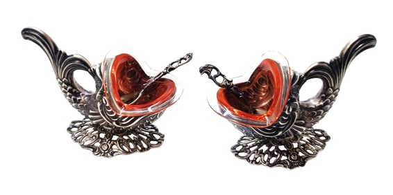 Victorian Rose Glass Sterling Silver Huge Master Salt Pair Art Nouveau Curious